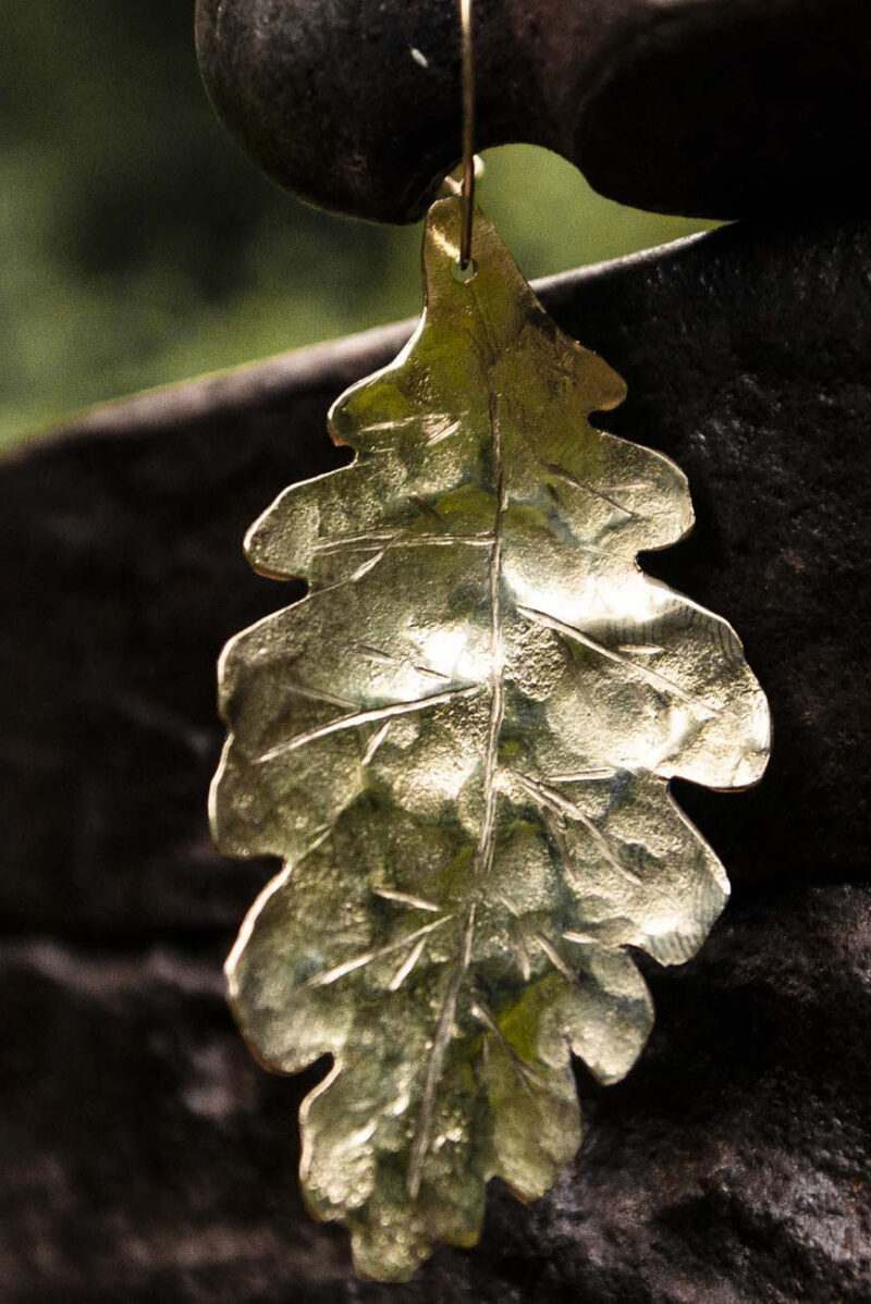 Ett foto på ett örhänge i mässing som har formen av en ek. Runtom är det natur.