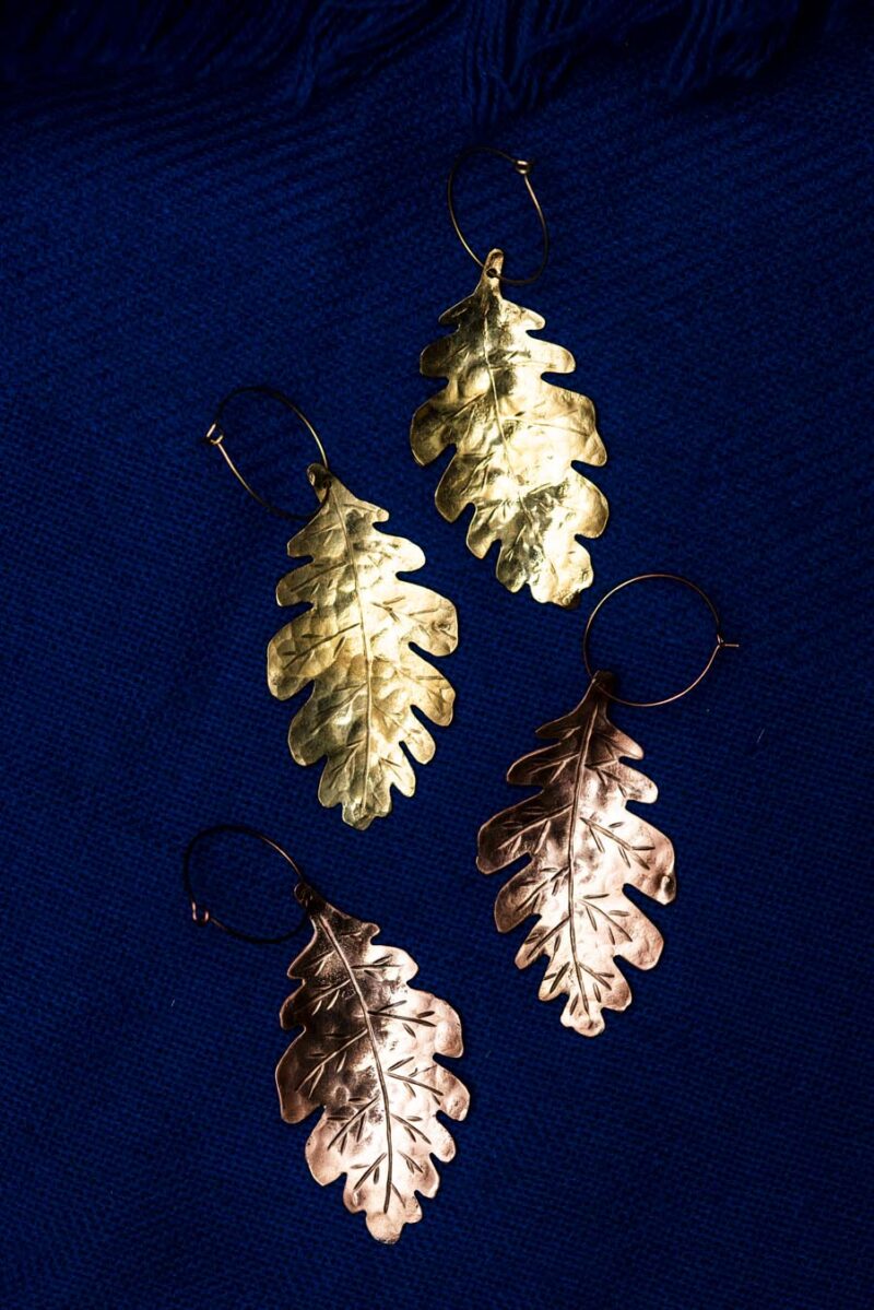 Oak Leaf Earrings "Bergek" – Pair, one in Copper and one in Brass - Image 4