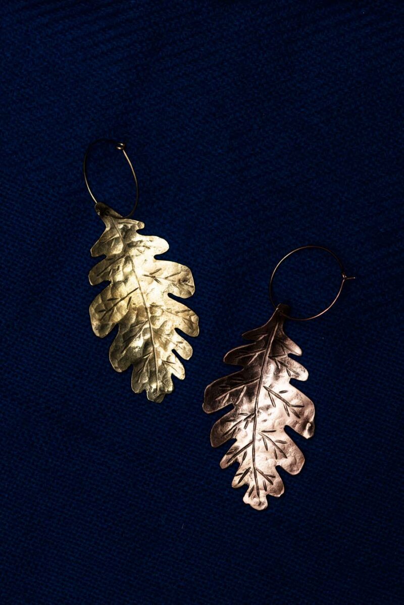 Oak Leaf Earrings "Bergek" – Pair, one in Copper and one in Brass