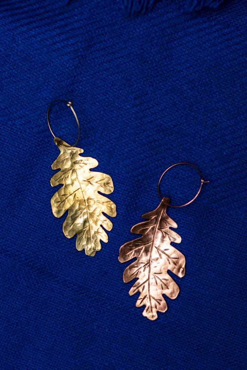 Oak Leaf Earrings "Bergek" – Pair, one in Copper and one in Brass - Image 2