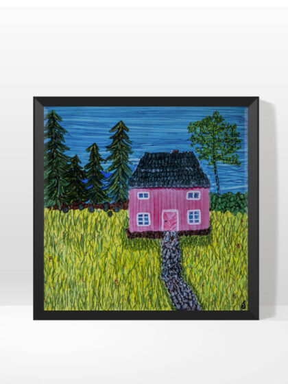 Picture showing original art piece. On the piece, a typical Swedish house with a meadow, some pine trees and a birch.