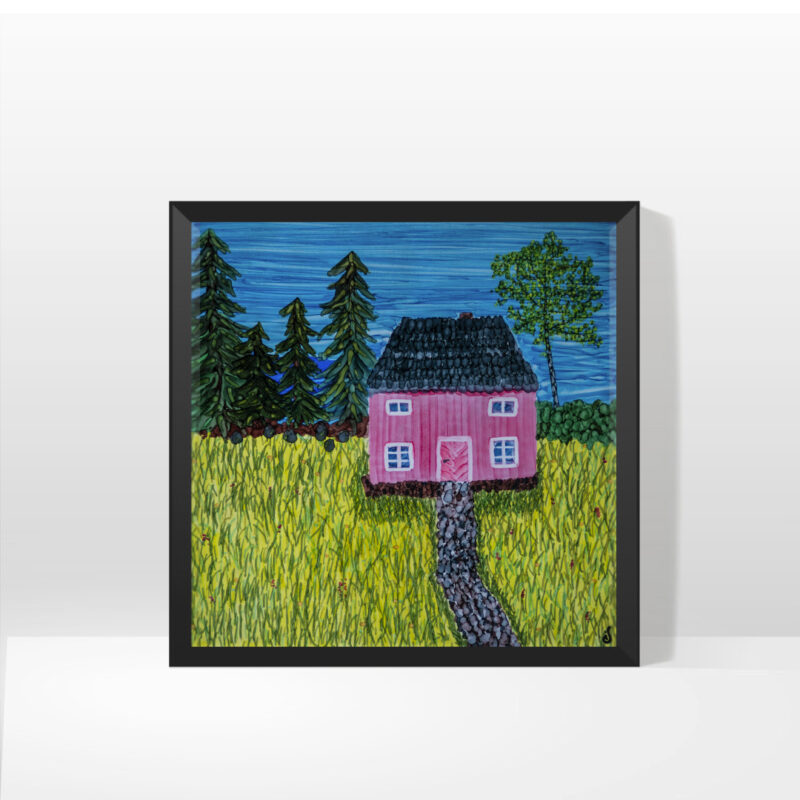 Picture showing original art piece. On the piece, a typical Swedish house with a meadow, some pine trees and a birch.