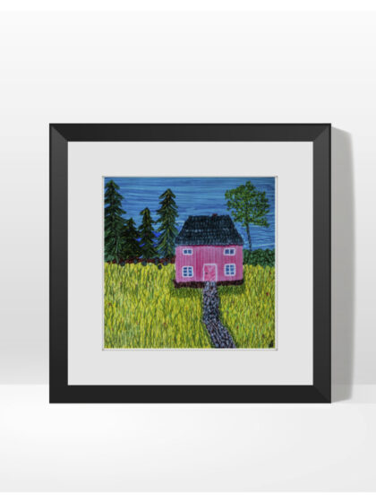 Picture showing original art piece. On the piece, a typical Swedish house with a meadow, some pine trees and a birch.