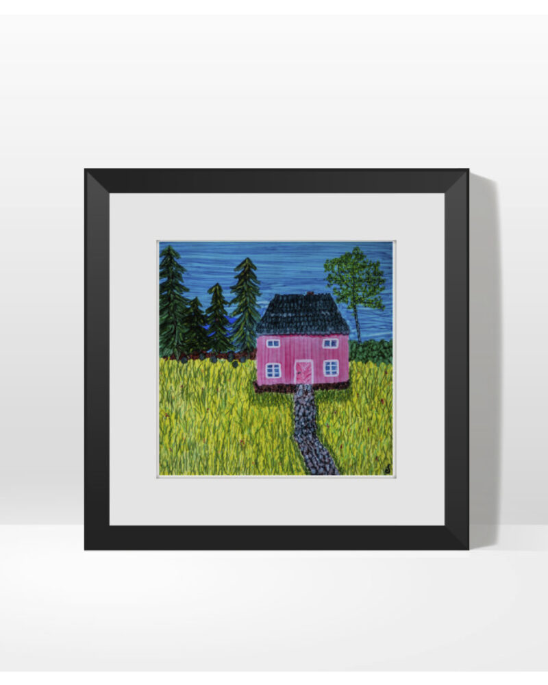 Picture showing original art piece. On the piece, a typical Swedish house with a meadow, some pine trees and a birch.