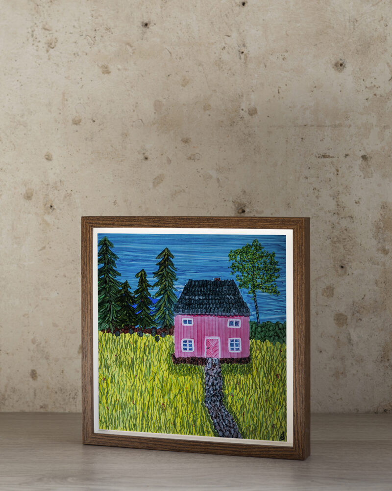 Picture showing original art piece. On the piece, a typical Swedish house with a meadow, some pine trees and a birch.