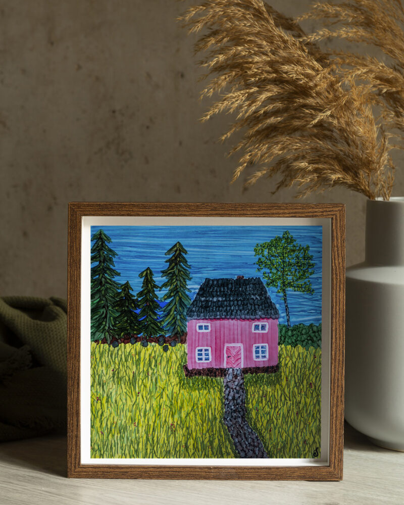 Picture showing original art piece. On the piece, a typical Swedish house with a meadow, some pine trees and a birch.