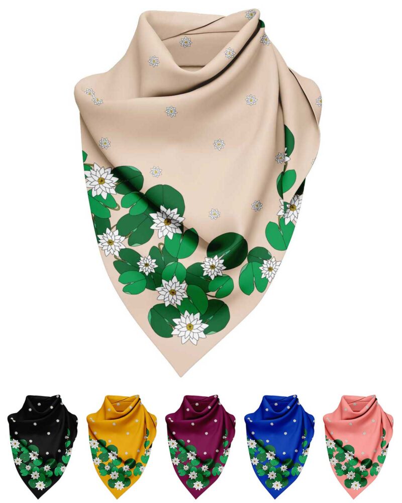 Wool Silk Scarf "Landskapsblommor, Vit näckros, Södermanland" 75x75 cm