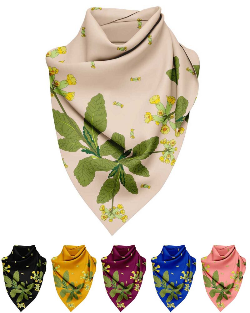 Wool Silk Scarf "Landskapsblommor, Gullviva, Närke" 75x75 cm