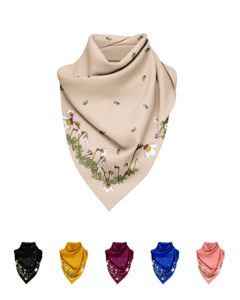 Wool Silk Scarf "Landskapsblommor, Härjedalen, Mosippa" 75x75 cm